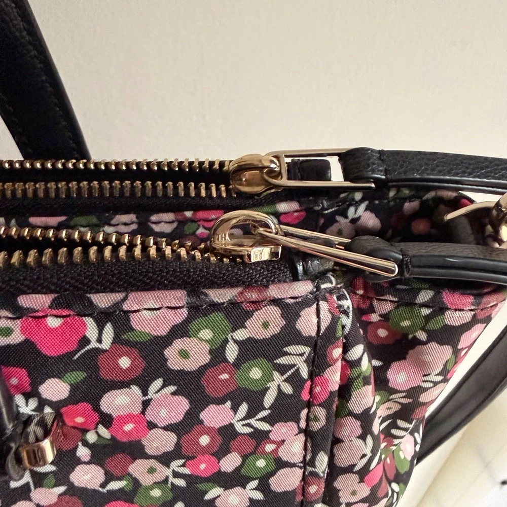 kate spade Black Floral Tote with Pink and White Blossoms and Green Leaves - Picture 4 of 14